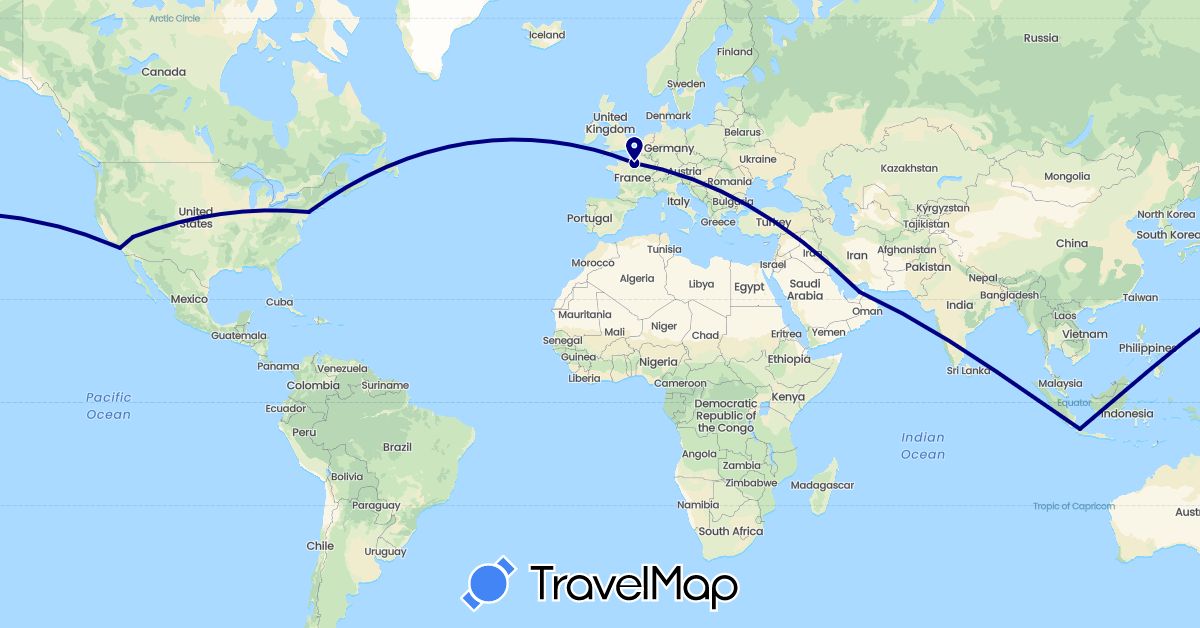 TravelMap itinerary: driving in United Arab Emirates, France, Indonesia, United States (Asia, Europe, North America)